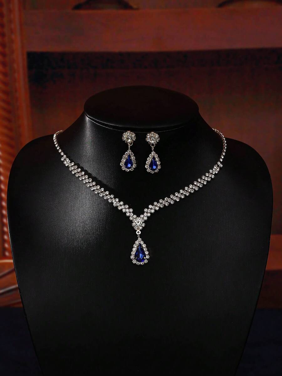 1 Set Gold-Tone Elegant Necklace And Earrings Jewelry Set, Fashion Simple Necklace Earrings Suit For Gala, Wedding, Birthday Party, Prom, Adult Ceremony, Alloy Crystal Bridal Accessories Valentine's Day Accessories - Silver - View 1