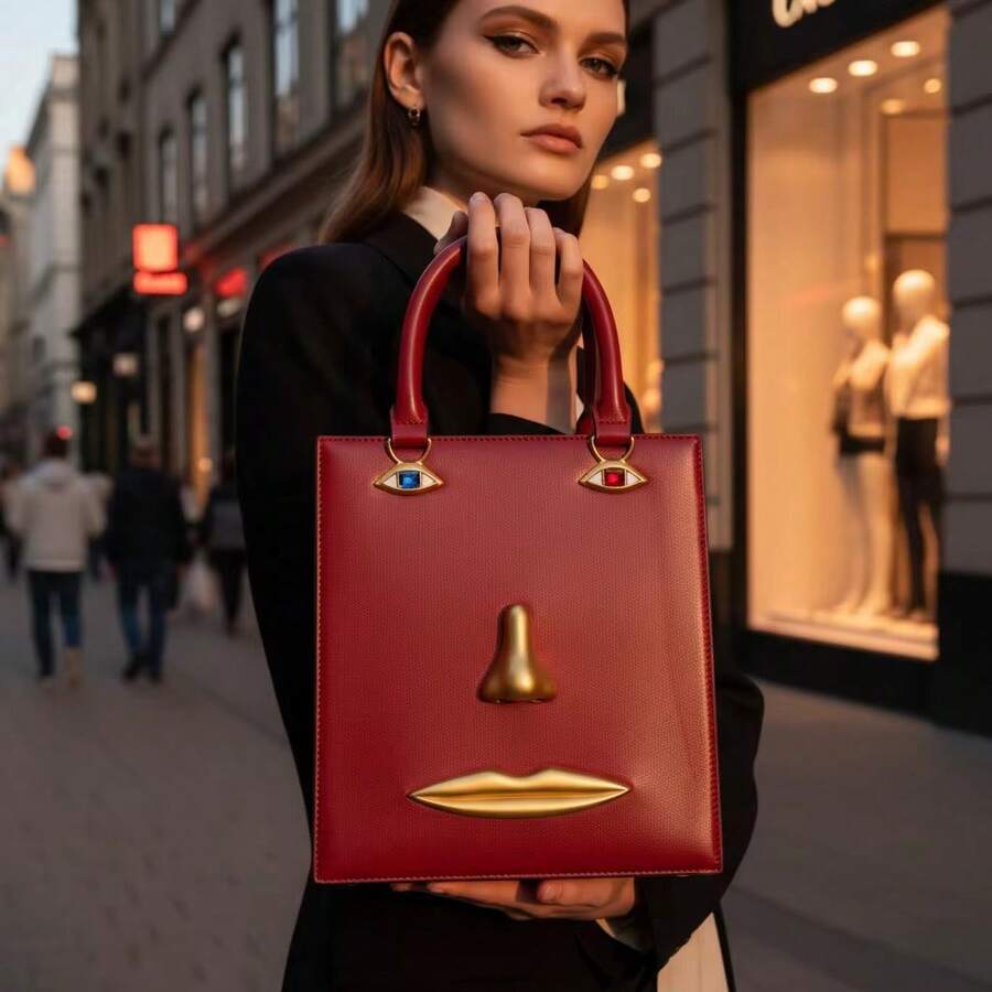 High-End Fashion Genuine Leather Women's Handbag With Personalized Portrait Pattern Vintage Tote Bag - 彩色 - 查看 1