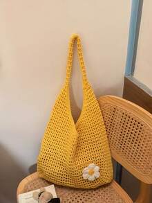 大容量钩编单肩手提包 - 轻便多功能针织涤纶手提包，米色、浅蓝色、棕色、黑色可选，适合旅行、海滩、度假和日常使用，大容量手提包，沙滩包 - 芥末黃 - 查看 5
