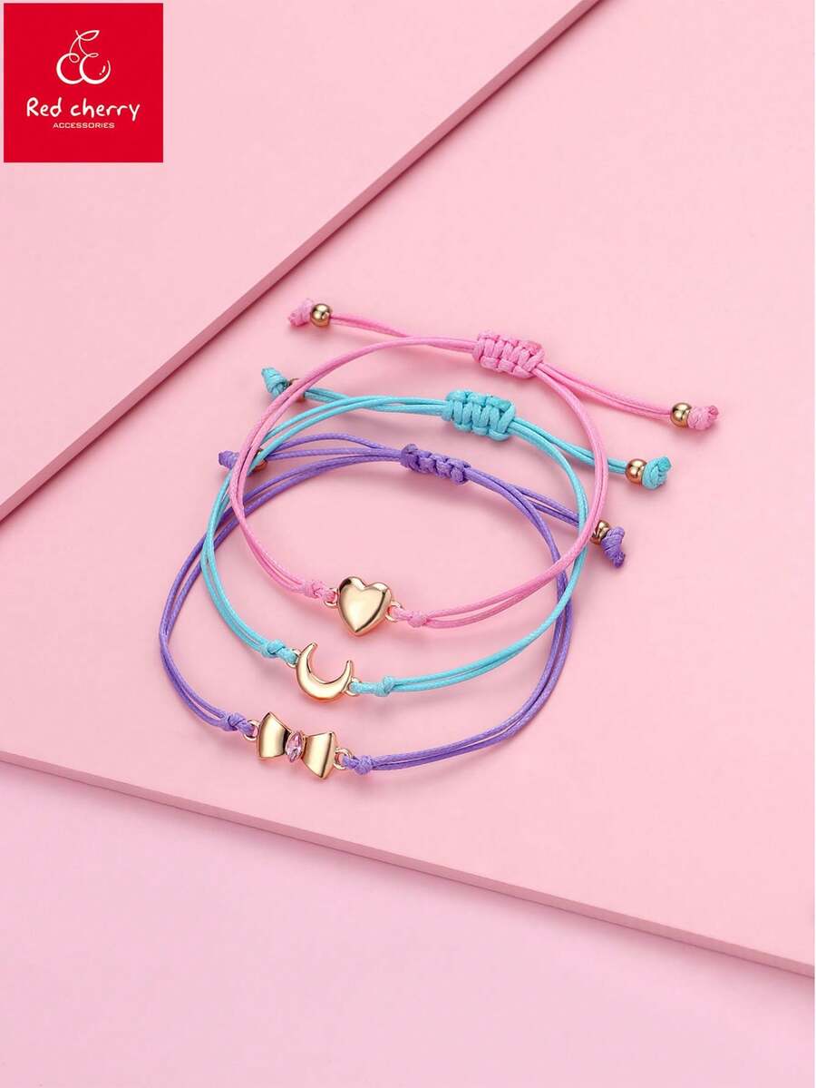 Bộ 3 vòng tay trẻ em thời trang, dễ thương, tối giản, thích hợp làm quà tặng Ngày của Mẹ và quà tặng bạn thân, với các họa tiết trái tim, mặt trăng, nơ, chữ cái, phù hợp để đeo hàng ngày, làm quà tặng và trong các dịp lễ hội. - Nhiều màu - Xem 1