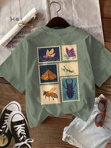 Spring/Summer Fashion[Double-Sided Print]Women's Pure Cotton T-Shirt, Vintage Style, Stamp, Insect, Dragonfly, Butterfly, Bee Print, Casual, Round Neck, Short Sleeve, Spring/Summer Top. Plus-Size Friendly, Cute Top, Y2K Retro Style, Oversized Fit. Soft And Gentle On The Skin, - 綠色 - 查看 3