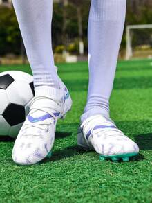 MINGBIN 1 par de zapatos de fútbol/fútbol, tacos blandos para terreno blando de baja altura, zapatos de césped artificial/natural con cordones, botas de fútbol profesionales de alto rendimiento y peso ligero, disponibles en varios colores - Blanco y morado - Ver 3