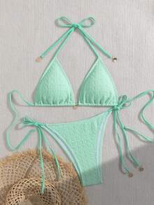 Bộ đồ bơi nữ kẻ sọc và gợn sóng xẻ tà, bikini gợi cảm, bikini phối màu thời trang cao cấp, bikini dự tiệc mùa xuân, bikini may đo tỉ mỉ, bộ bikini dây buộc cổ gợi cảm kiểu Âu Mỹ dành cho nữ, đồ bơi bán chạy cho kỳ nghỉ hè trên bãi biển. - Trái cây xanh - Xem 2