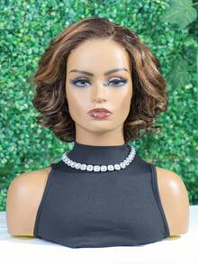 优雅层次感波波头无胶假发，巴西雷米真人发，透明4x4蕾丝无胶假发，180%密度，巴西自然波浪卷发，通用尺寸，#4巧克力棕色，即戴即用，无胶波波头假发 - S4 - 查看 7