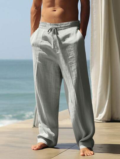 بنطلون كاجوال طويل بجيوب مصنوع من القماش الكتاني الملون الصلب ،مناسب للربيع/ الصيف/ الخريف