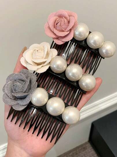 Mother's Day Gift Camellia Pearl Hair Comb, Tweed Style French Elegant Side Hair Clip, Non-Slip Back Comb For Bangs & Flyaways, Hair Accessories Hair Clips For Daily & Party Looks, 3 Colors Available,Summer,Holiday,Travel