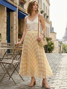 Chân váy midi xếp ly bằng chiffon mỏng, cạp chun kẻ caro vàng dành cho nữ - Chân váy thướt tha thanh lịch cho mùa xuân/hè. - Màu vàng - Xem 2