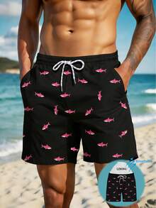 Quần short nam mùa hè in họa tiết, cạp chun, túi chéo, kiểu Hawaii, nhanh khô, hai lớp lót lưới, in hình cá 3D, thời trang, thoải mái, thích hợp cho kỳ nghỉ biển. - màu đen - Xem 1