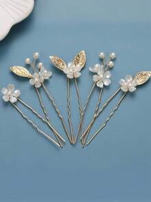 5pcs Gold Handmade Pearl Flower & Leaf Hair Clips, Bridal Wedding Party Accessories - Gold - View 1