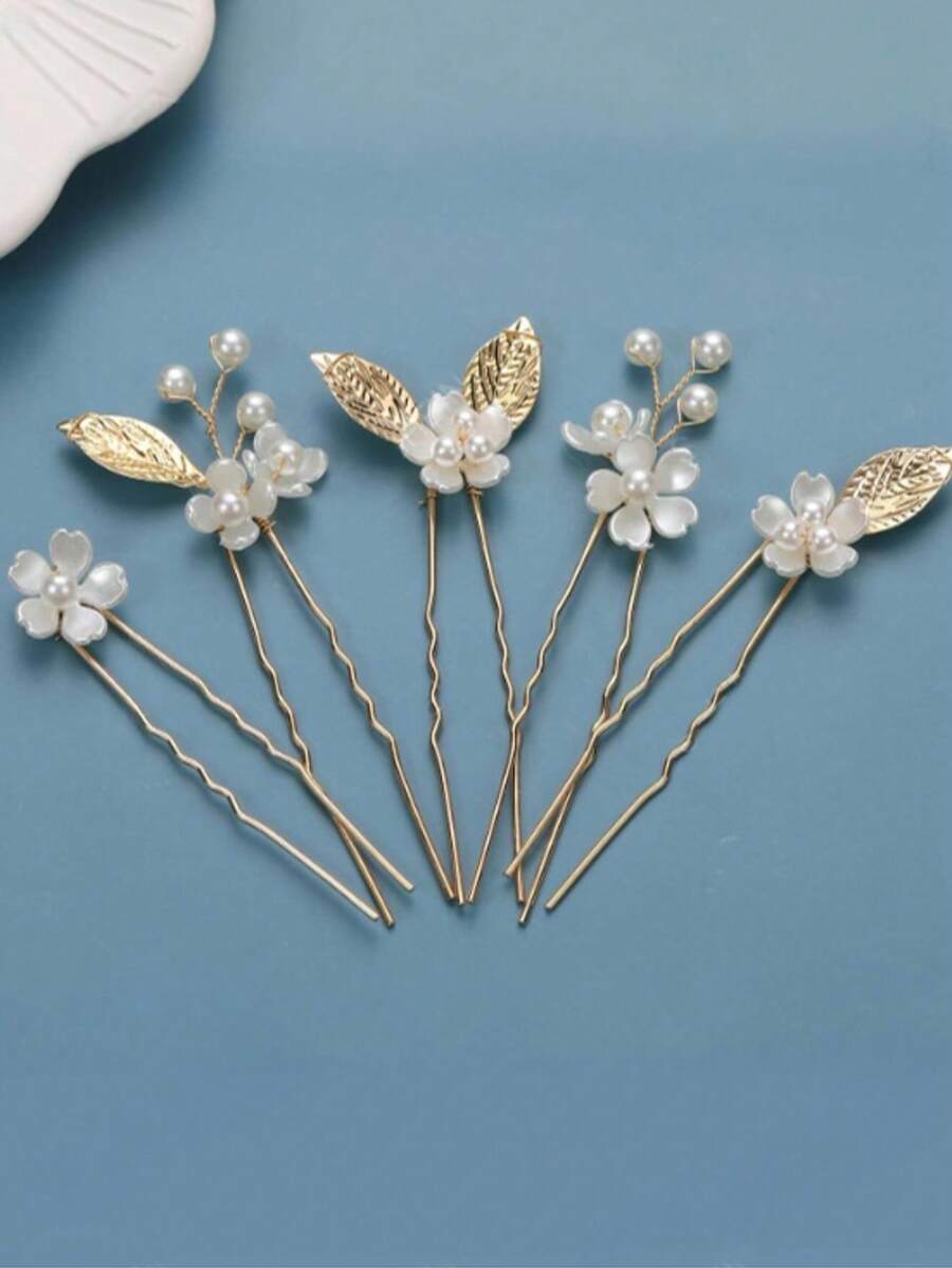 5pcs Gold Handmade Pearl Flower & Leaf Hair Clips, Bridal Wedding Party Accessories - Gold - View 1