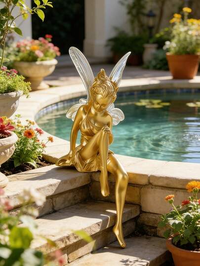 奇趣树脂金色仙女摆件——精致的带翼花园雕塑，适用于泳池平台、锦鲤池、喷泉边缘和水景花园小径。采用耐用树脂材质，阳光照射下闪耀着金色光泽，是波西米亚风、复古风和仙境风家居装饰的理想之选，为水景增添迷人魅力，是水景中永恒的户外艺术品。