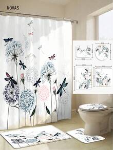 1/3/4 piezas Cortina de ducha con estampado de libélula y floral en acuarela, juego de alfombra de baño con estampado de olas estrelladas de estilo natural minimalista, impermeable y antideslizante, tapa de inodoro y alfombra en forma de U, 12 ganchos, adecuado para el hogar/dormitorio/sala de estar/artículos para el hogar - A - Ver 2