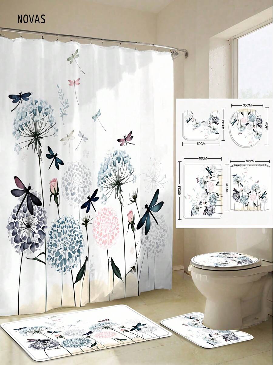 1/3/4 piezas Cortina de ducha con estampado de libélula y floral en acuarela, juego de alfombra de baño con estampado de olas estrelladas de estilo natural minimalista, impermeable y antideslizante, tapa de inodoro y alfombra en forma de U, 12 ganchos, adecuado para el hogar/dormitorio/sala de estar/artículos para el hogar