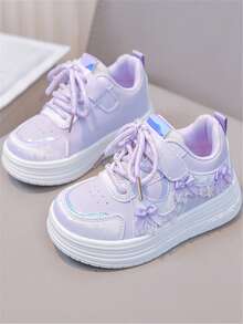 1 Pair Girls' Spring/Autumn New Flat Shoes With Bow Decor, Cute PU Design, Girls' Outdoor Non-Slip Durable Flat Sports Shoes, Suitable For All Seasons, School Style - Purple - View 4