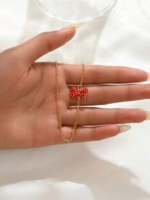 1件优雅甜美INS风奢华小众红色珐琅波点独特设计浪漫情人节高端红色蝴蝶结时尚亮点女士项链 - 項鍊 - 查看 4