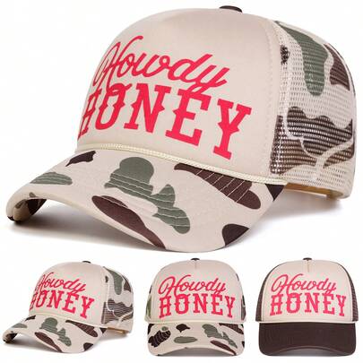 1顶女士HOWDY HONEY卡车帽，个性字母印花棒球帽，街头时尚网眼帽，户外防晒休闲帽，适合春季、秋季、旅行、海滩