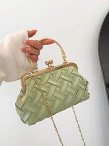 复古仿皮斜挎包，女士款，复古风格搭扣迷你手提包，配有可调节肩带，纯色轻便都市手提包，涤纶内衬，男女通用 - 綠色 - 查看 6