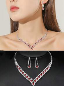 1 Set Gold-Tone Elegant Necklace And Earrings Jewelry Set, Fashion Simple Necklace Earrings Suit For Gala, Wedding, Birthday Party, Prom, Adult Ceremony, Alloy Crystal Bridal Accessories Valentine's Day Accessories - Silver - View 17