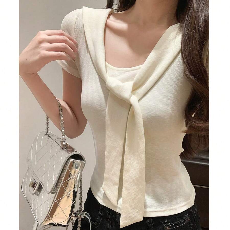 Áo thun dáng ôm cổ chữ U tay cánh dơi thanh lịch, tối giản, trang phục mùa hè đa năng dành cho nữ. - Màu be - Xem 1