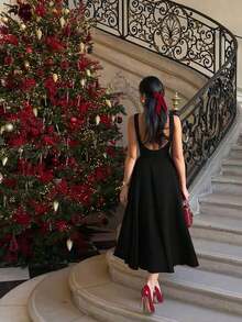 Elegant French Romantic Backless Hollow-Out Cinched Waist Sexy Charming Maxi Dress, Suitable For Christmas, Holiday Party, Date Black Summer - 黑色 - 查看 4