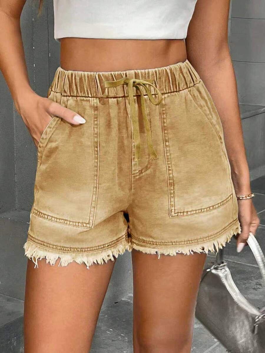 ARWY纯色休闲宽松抽绳女式牛仔短裤，适合日常、度假、海滩、旅行、所有季节、返校季、复活节、万圣节、圣诞节和夏季穿着。 - 杏色 - 查看 1