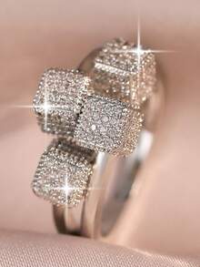 1 chiếc nhẫn cưới nữ sang trọng hình vuông bốn cạnh đính đá Cubic Zirconia, nhẫn đồng hình khối lập phương nhỏ độc đáo, thích hợp đeo hàng ngày, dự tiệc, dạ hội, tiệc tùng, quà tặng trang sức. - trắng - Xem 8
