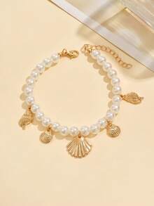 1件时尚优雅仿珍珠贝壳吊坠金色脚链，海滩度假风格女士饰品，适合日常佩戴和度假 - 彩色 - 查看 2