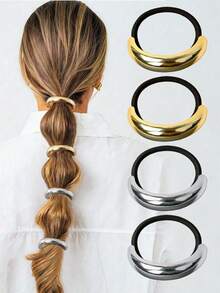 4/1 pieza Scrunchies de metal dorado para mujer - Accesorios de pelo elásticos con diseño geométrico, adecuados para cabello grueso, elegantes accesorios de pelo vintage para cumpleaños y ocasiones especiales, diseño delicado, ajustable y flexible, sujetadores de coleta, bandas elásticas para el cabello, accesorios de viaje, festival, fiesta - Multicolor - Ver 6