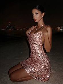 New Sequin Backless Slip Dress, Suitable For Cocktail Party, Ball, Gathering Vacation Wedding - Dusty Pink - View 2