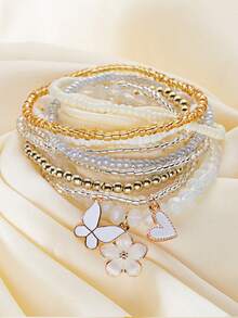 Bohemian Fashion Flower Heart Butterfly Pendant Elastic String Faux Pearl Layered-Damascus Bracelet For Ladies Set - Bracelet Set - View 13