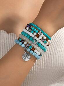 8pcs Turquoise Beaded Starfish & Shell Pendant Layered Bracelet Set, Bohemian Beach Resort Style Jewelry Suitable For Beach Vacation And Daily Commute - Multicolor - View 5