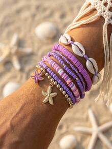 7pcs/Set Bohemian Style Beach Vacation Bracelet Set - Summer Beach Sea Star Shell Pendant Multi-Layered Stackable Bracelet Set - Starfish Bracelet - View 2