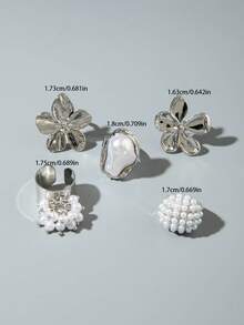 5pcs/Set Vintage Palace Style Zinc Alloy Five-Petal Flower & Resin Faux Pearl Geometric Open Ring Set, Niche Gift For Women - 29485-ring-s-eP - View 6