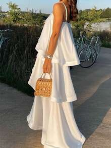 Elegant White Party Dress For Women Sleeveless A-Line Long Formal Gown With Asymmetrical Neck & Layered Woven Fabric Hem - trắng - Xem 1