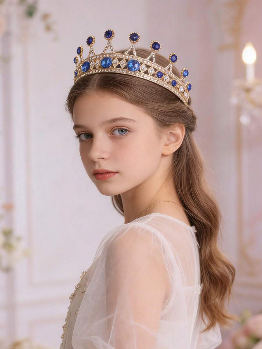 1pc European And American Bridal Bridesmaid Crown Headpiece, Alloy Rhinestone Hair Accessory For Evening Gown, Princess Style Hair Decoration - Royal Blue - View 1