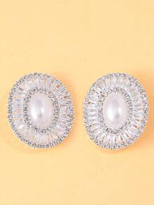 一对银色椭圆形珍珠玻璃耳环，镶嵌水钻，设计优雅，适合派对佩戴 - 銀色 - 查看 8