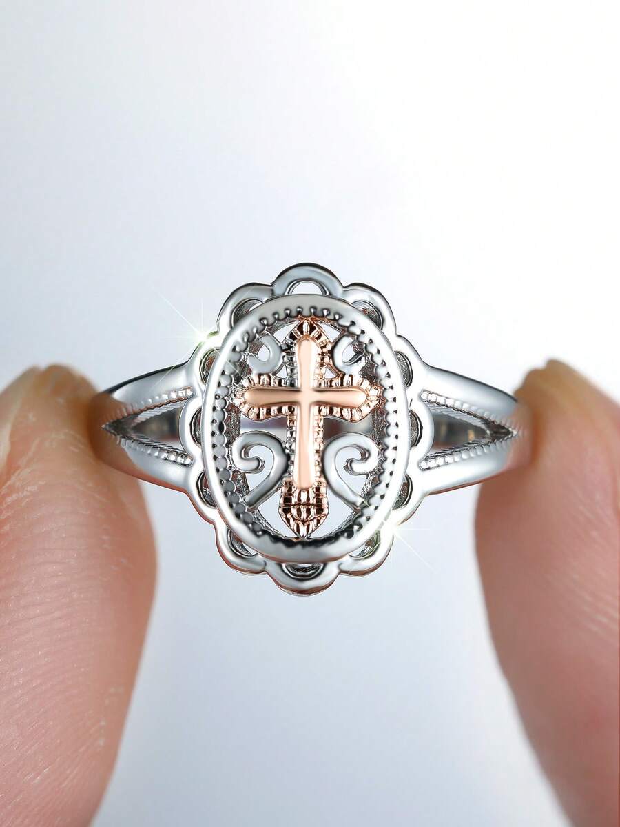 Vanel 1 chiếc nhẫn hình thánh giá tôn giáo tối giản màu bạc sang trọng, lấp lánh, nhỏ nhắn, thích hợp để đeo hàng ngày và dự tiệc. - Nhiều màu - Xem 1