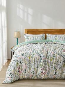 3pcs Delicate Flower Printed, Small Floral, Leaves Pattern, Anti-Pilling, Light Green, Brushed, Polyester Fiber Quilt Cover Set, Suitable For Girls, Students, Fresh Style, Super Soft, Lovely, Boys And Girls, School Students, Dorm Decor, All Seasons, Brushed Quilt Cover, Home Bedding, Excluding Quilt Insert, Twin/Queen/King Size - Multicolor - View 2