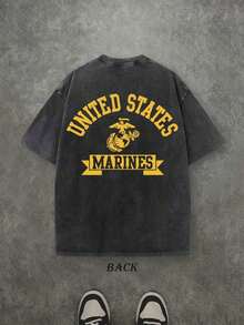 Summer TopsRetro Washed T-Shirt Double Sided Printed (230 Pure Cotton T-Shirt) 'MARINES' Letter And Eagle Patterns Print, T-Shirt, Casual, Comfortable, Fashionable T-Shirt, Street Style CottonLoose And ComfortableSummer Lightweight Style Casual Washed T-Shirt - 黑色 - 查看 2