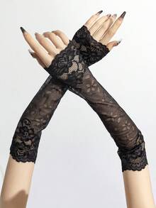 Manga de renda para os braços (1 peça), comprimento médio, sem dedos, respirável, fina, ideal para dirigir e viajar no verão, feminina e para festivais. - Preto-177 - Ver 5