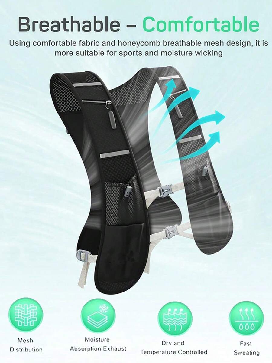 Colete de Corrida Ultraligeiro de Alta Capacidade com Faixas Refletivas e Design de Múltiplos Bolsos, Cinta Ajustável na Cintura, Mochila Hidratante de Tecido de Malha Respirável Adequada para Corredores Masculinos e Femininos, Maratona, Trail Running, Ciclismo, Caminhada e Esportes ao Ar Livre