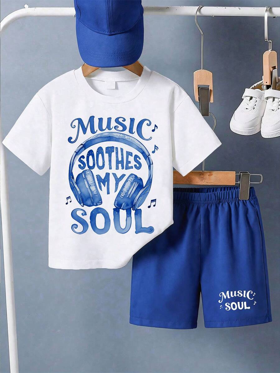 1 Set Short Sleeve T-Shirt And Shorts Set For Boys And Teens, Music Headphone Theme Print Pattern - Perfect Summer Gift, Suitable For Spring And Summer School And Outings - Multicolor - View 1