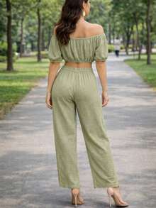 Set de dos piezas Ligero delgado Pantalón y blusa ombliguera de moda para mujer casual de uso diario de moda top corto unicolor para vacaciones - Verde Oliva - Ver 2