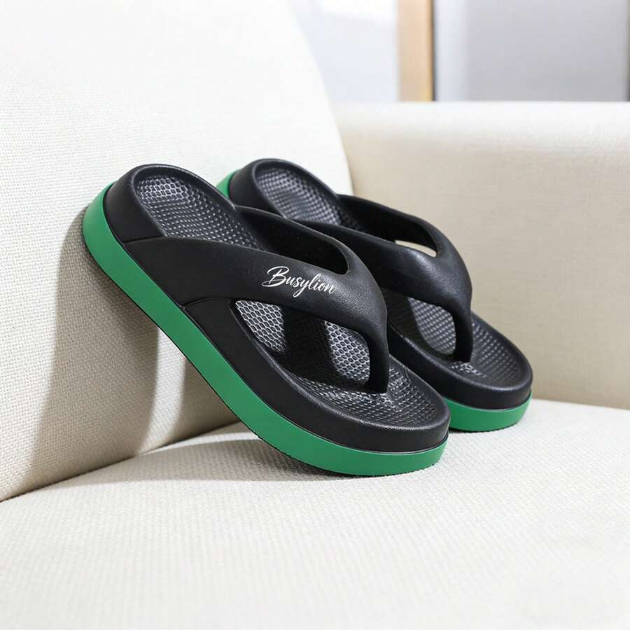 Women's Thick-Sole Flip-Flops – Color-Blocked Design, One-Piece EVA Soft Non-Slip Shock-Absorbing Sole, Letter Print, Cloud-Like Comfort, Ideal For Home, Beach & Vacation, Fashion Slipper Item - 黑色 - 查看 1