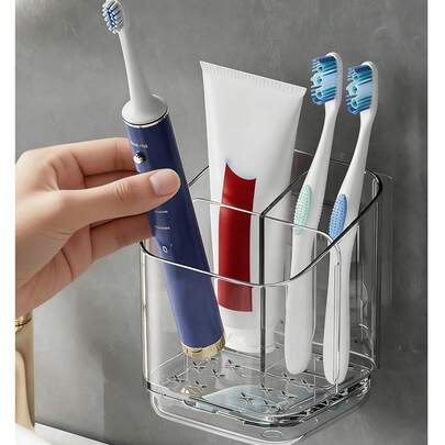 1个壁挂式牙刷架，带滴水盘，透明自粘式浴室收纳架，适用于电动牙刷、牙膏和剃须刀，无需钻孔