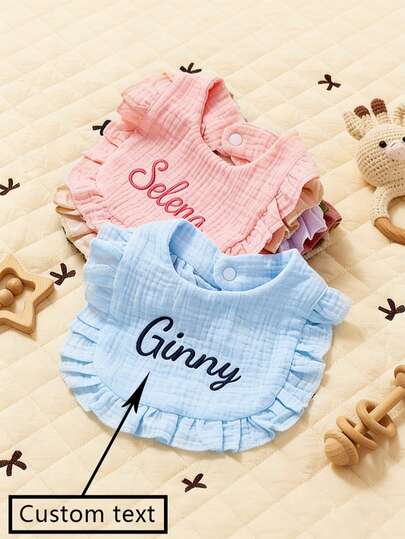 1pc Custom Text Embroidered U-Shaped Floral Bib, Newborn Drool Bib, Absorbent Baby Bib, Baby Gift