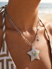 Dây chuyền mặt hình ngôi sao bạc đính đá ngọc lam dành cho nữ, kiểu Bohemian, màu vàng, thích hợp cho kỳ nghỉ hè trên bãi biển, làm từ thép không gỉ, kiểu dáng tối giản như dây chuyền kẹp giấy. - Bạc - Xem 7