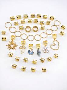 48pcs Ocean Garden Style Hair Scrunchies, Including Shell, Hollow Sun, Pearl Shell, Daisy, Bow Knot And Heart Designs, Romantic Adjustable Alloy Hair Clips, Suitable For Beach Vacation And Seaside Style - Gold - View 2