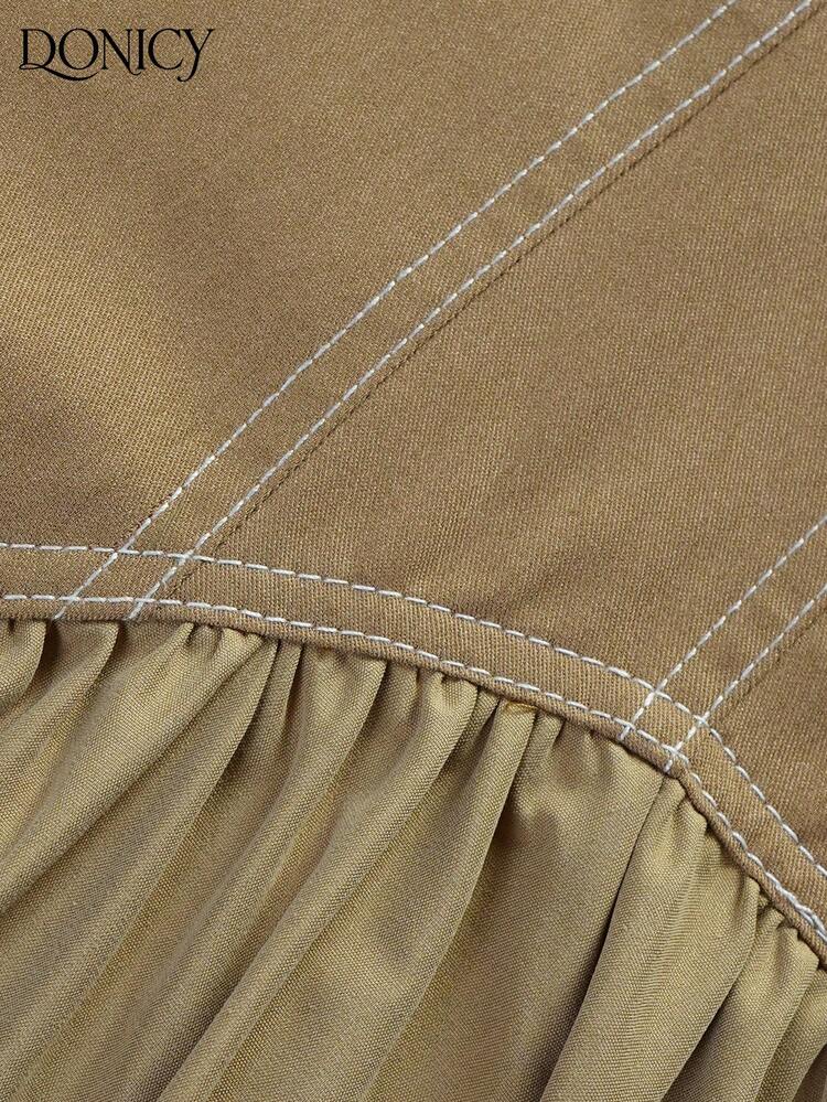 Vestido midi con escote bandeau, Body fruncido y falda acampanada en color caqui, vestido casual de playa y vacaciones para mujer - Caqui - Añade 3
