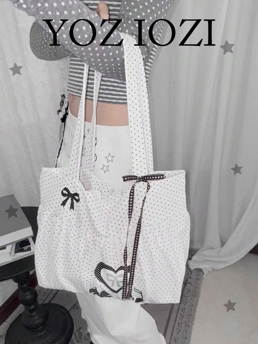 Bolso de lona con estampado de lunares al estilo coreano, bolso de hombro plegable de gran capacidad para estudiantes universitarios, bolso con nudo de falda arrugada y nube - Blanco - Ver 1